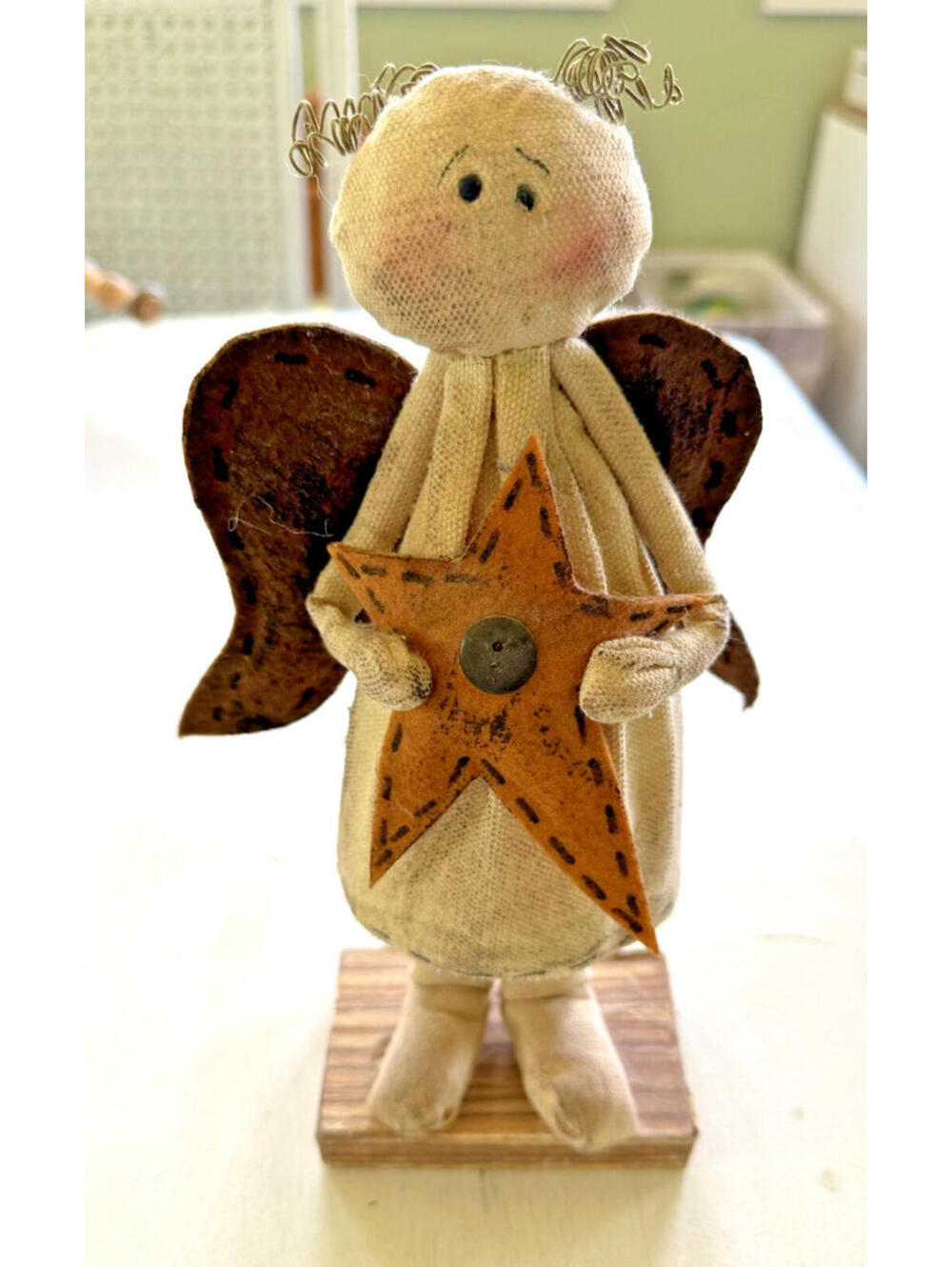 Primitive Folk Art Angel Doll Fairy With star Wings Handmade Cloth country